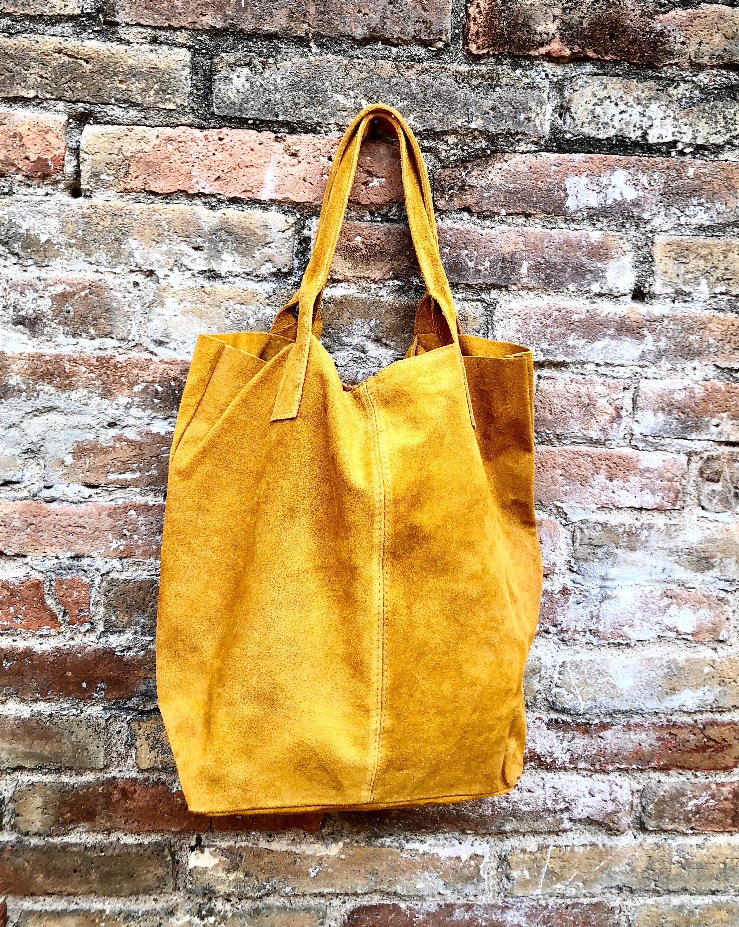 Mustard yellow leather shopper bag in genuine suede. Slouchy yellow carry all tote bag for laptops, tablets, books. Mustard leather purse