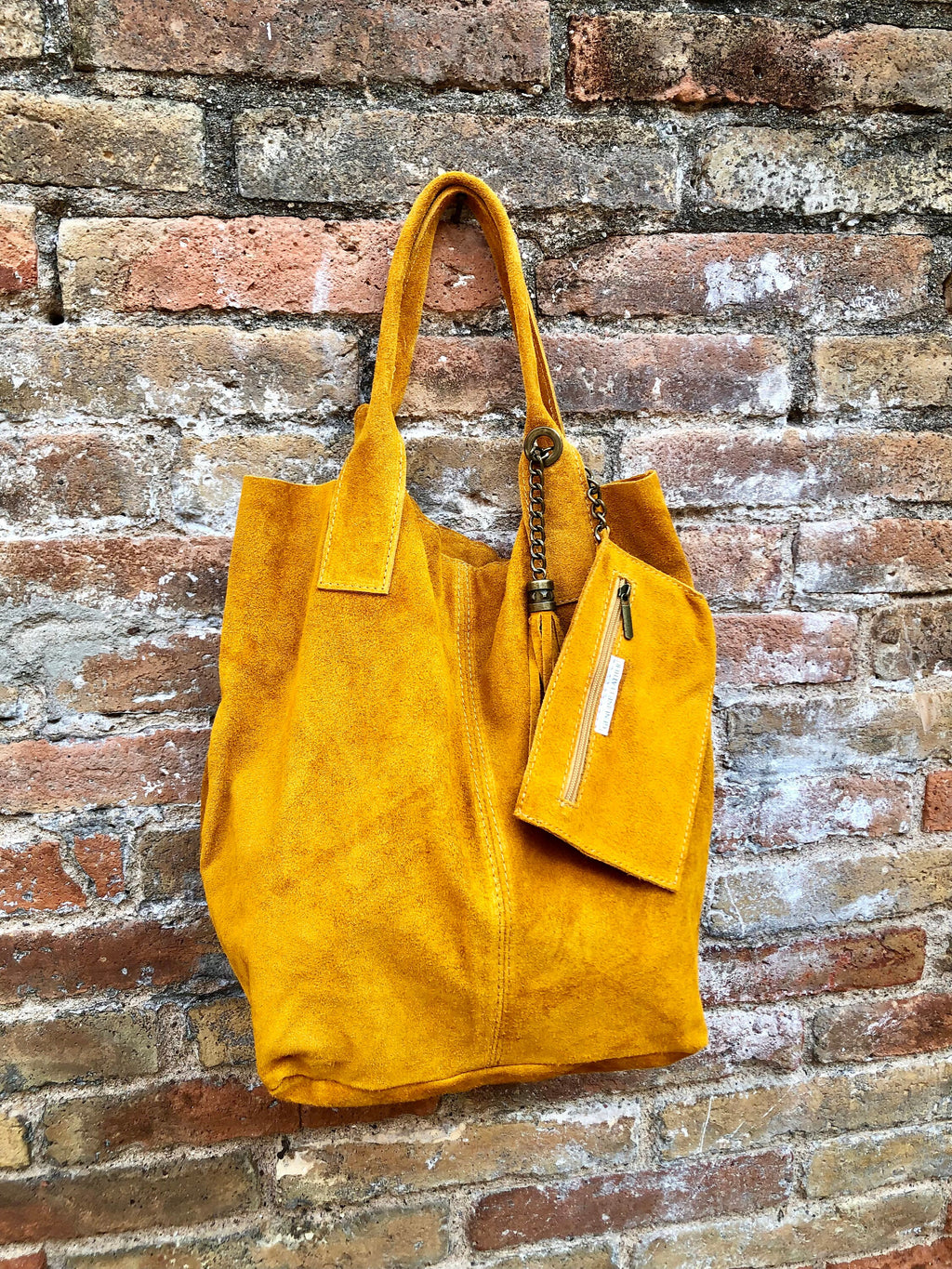 Mustard yellow leather shopper bag in genuine suede. Slouchy yellow carry all tote bag for laptops, tablets, books. Mustard leather purse