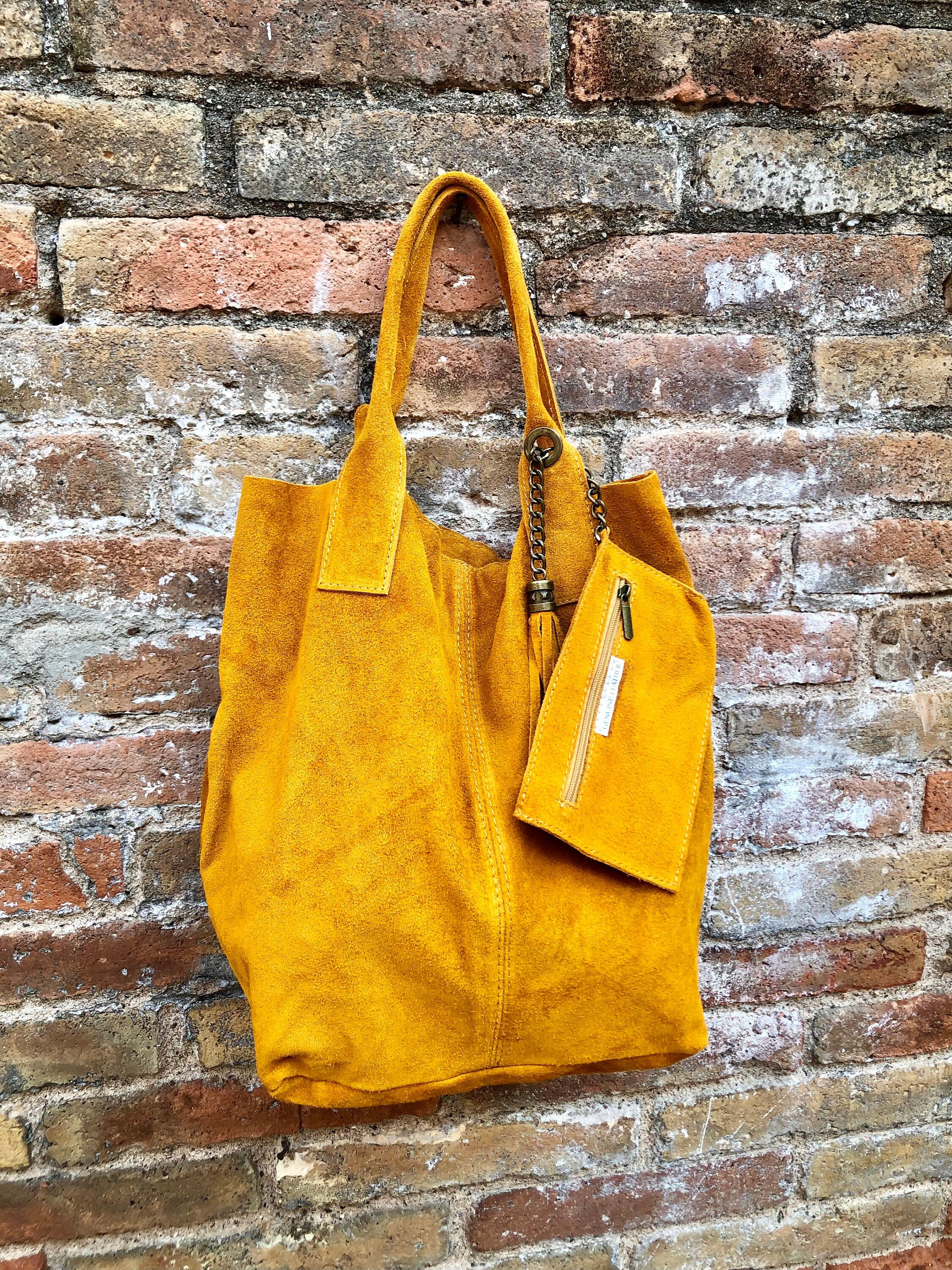 Mustard yellow leather shopper bag in genuine suede. Slouchy yellow carry all tote bag for laptops, tablets, books. Mustard leather purse