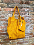 Mustard yellow leather shopper bag in genuine suede. Slouchy yellow carry all tote bag for laptops, tablets, books. Mustard SUEDE purse