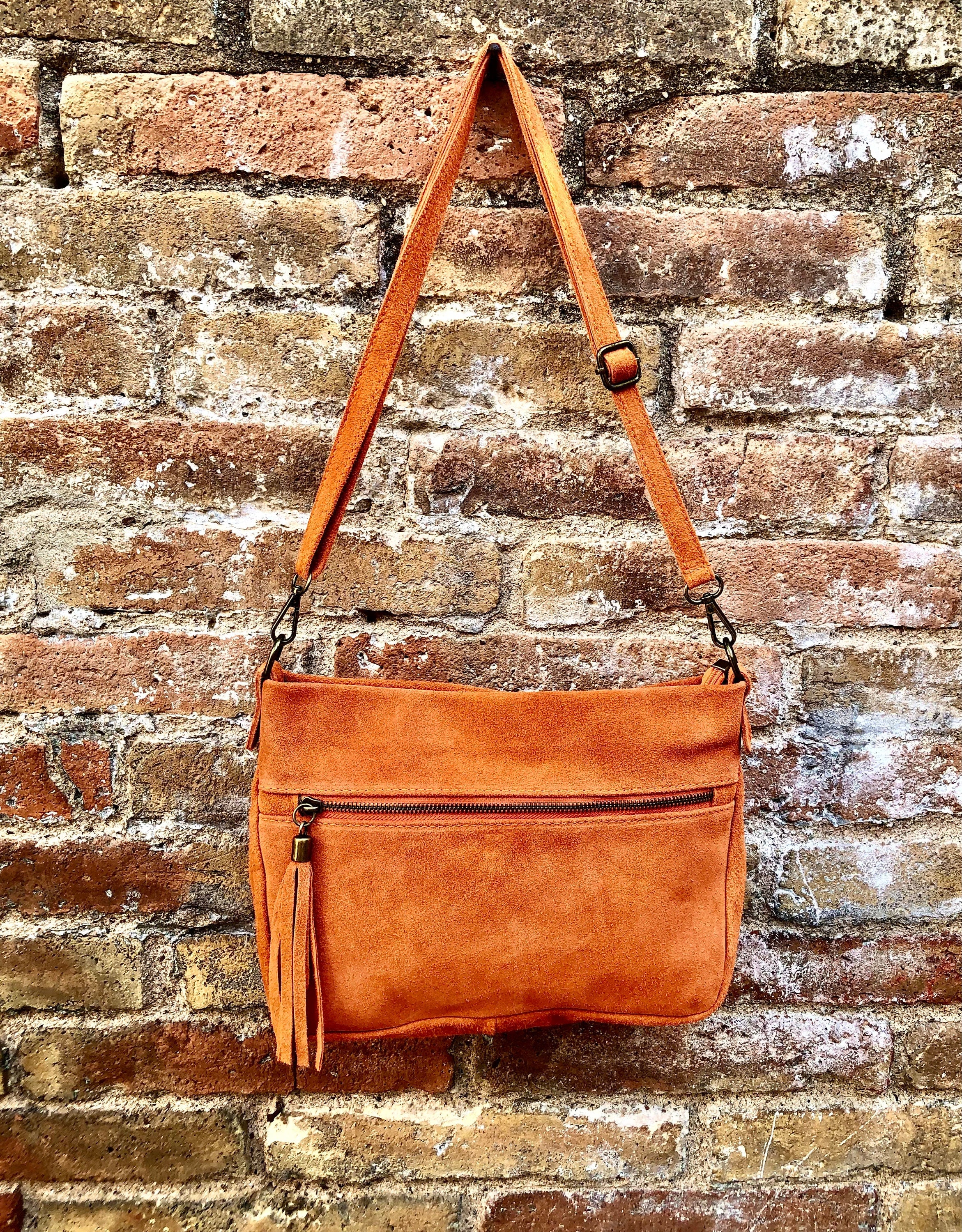 BOHO suede leather bag in orange. Soft genuine leather bag with tassel. Orange suede crossbody bag,boho bag, messenger bag in natural suede
