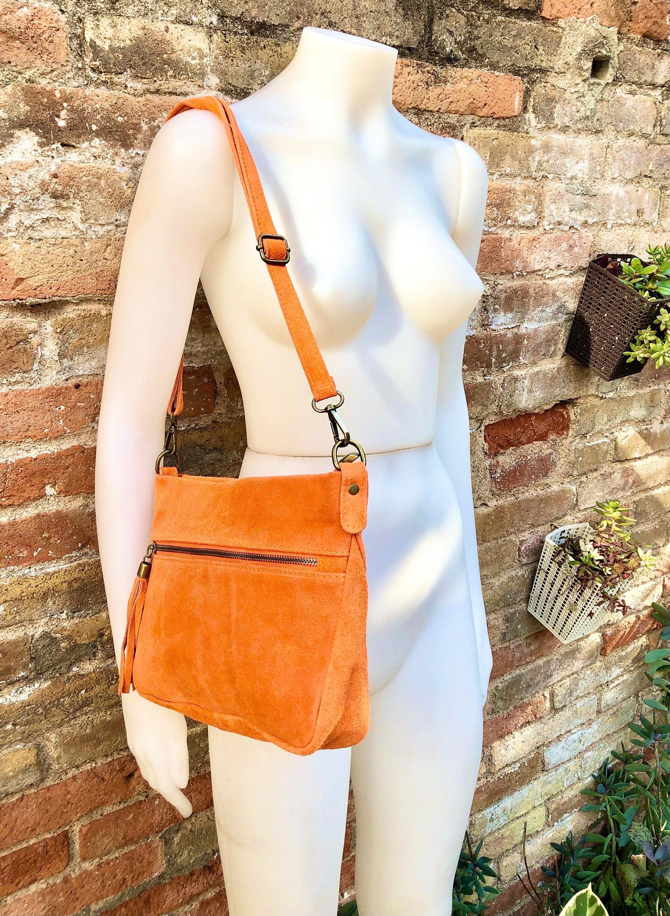 BOHO suede leather bag in orange. Soft genuine leather bag with tassel. Orange suede crossbody bag,boho bag, messenger bag in natural suede