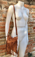 Cross body bag. BOHO suede leather bag in CAMEL brown with FRINGES. Messenger bag in soft genuine suede leather. Crossbody hippy bag