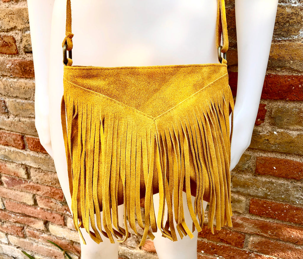 Cross body bag. BOHO suede leather bag in MUSTARD with FRINGES. Messenger bag in soft genuine suede leather. Yellow crossbody hippy bag