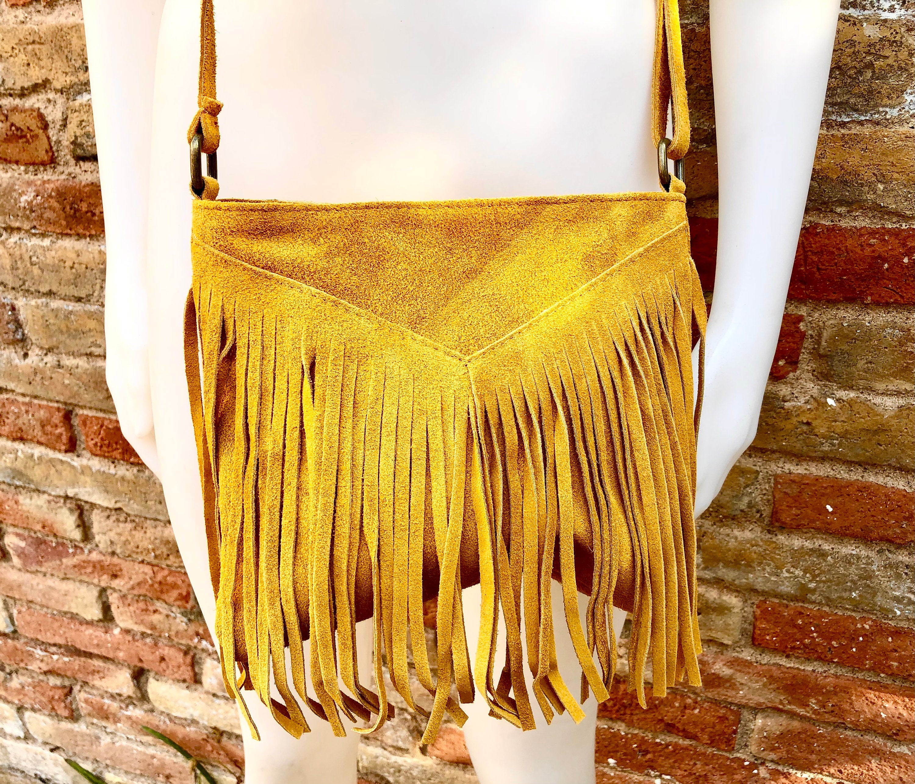 Cross body bag. BOHO suede leather bag in MUSTARD with FRINGES. Messenger bag in soft genuine suede leather. Yellow crossbody hippy bag