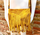 Cross body bag. BOHO suede leather bag in MUSTARD with FRINGES. Messenger bag in soft genuine suede leather. Yellow crossbody hippy bag