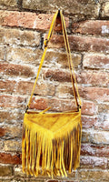 Cross body bag. BOHO suede leather bag in MUSTARD with FRINGES. Messenger bag in soft genuine suede leather. Yellow crossbody hippy bag