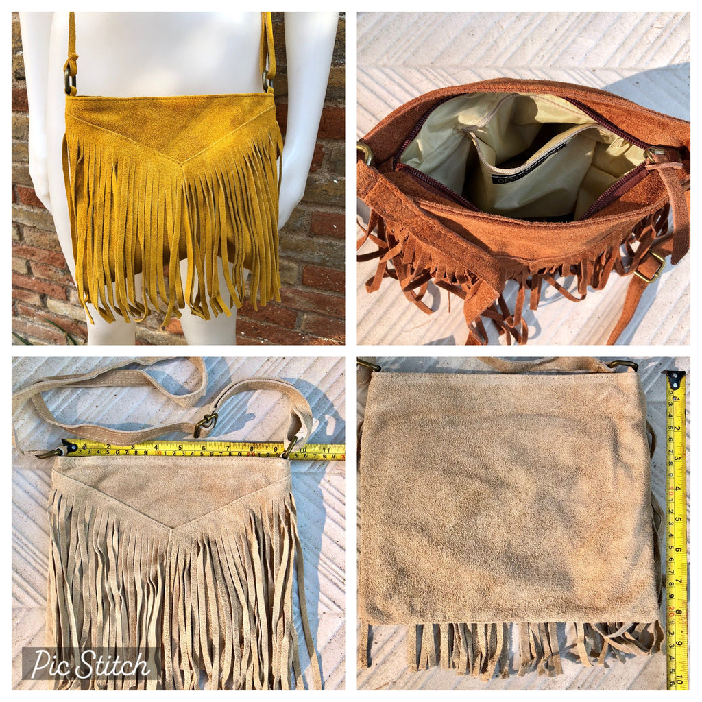 Cross body bag. BOHO suede leather bag in beige with FRINGES. Messenger bag in soft genuine suede leather. Crossbody hippy bag