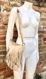 Cross body bag. BOHO suede leather bag in LIGHT beige with FRINGES. Messenger bag in soft genuine suede leather. Crossbody hippy bag