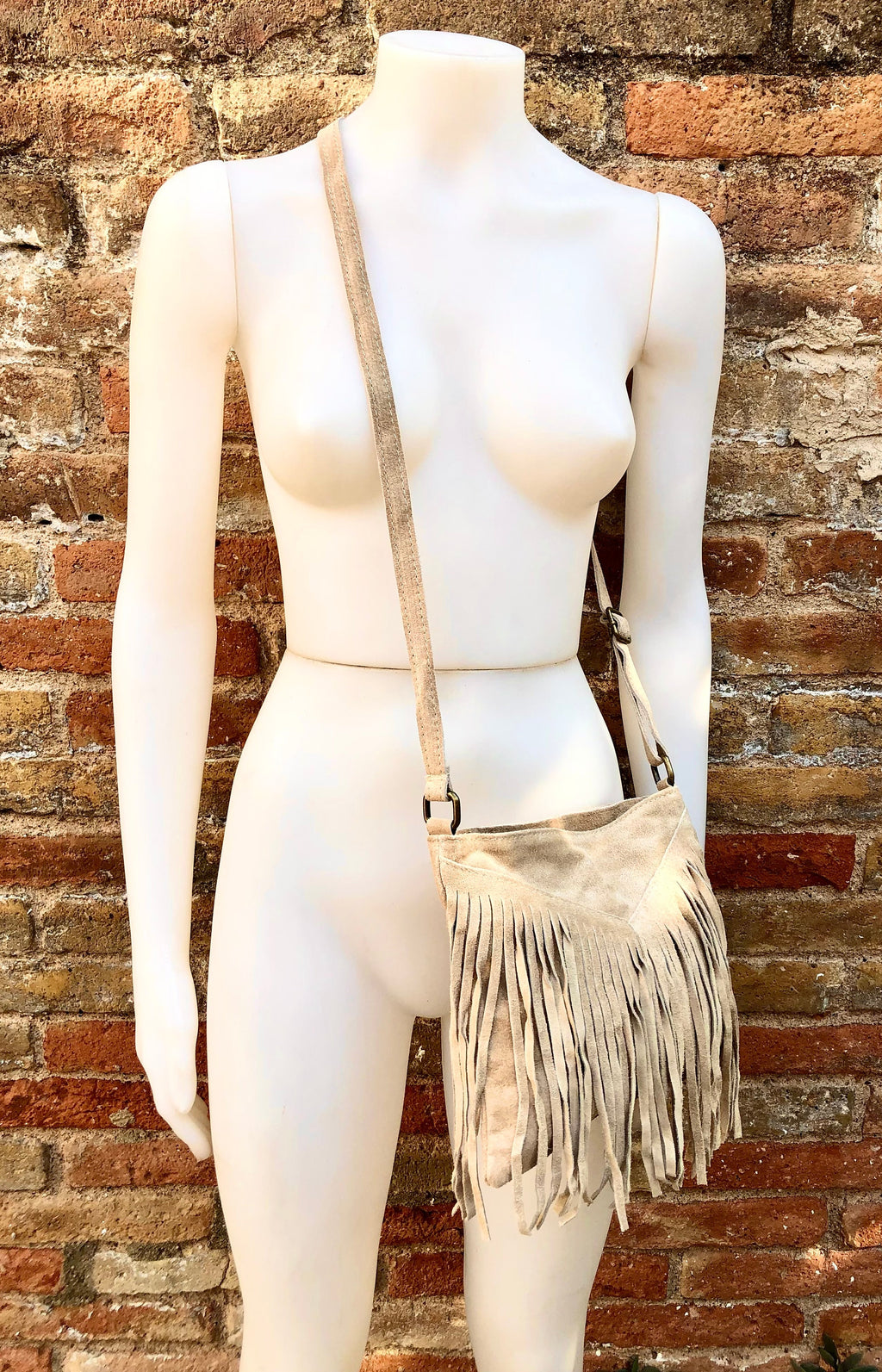 Cross body bag. BOHO suede leather bag in beige with FRINGES. Messenger bag in soft genuine suede leather. Crossbody hippy bag