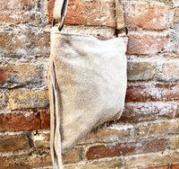 Cross body bag. BOHO suede leather bag in LIGHT beige with FRINGES. Messenger bag in soft genuine suede leather. Crossbody hippy bag