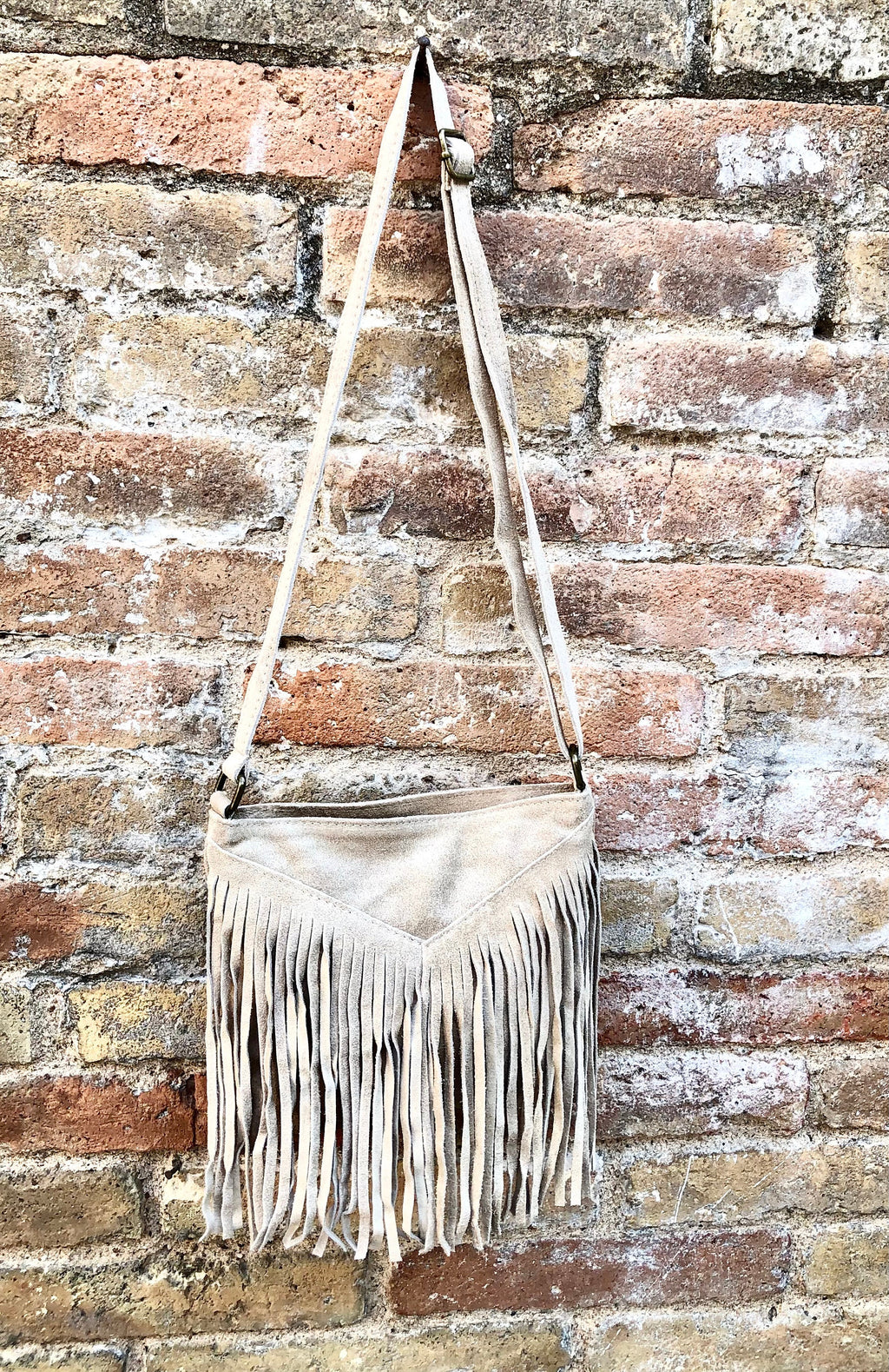 Cross body bag. BOHO suede leather bag in beige with FRINGES. Messenger bag in soft genuine suede leather. Crossbody hippy bag
