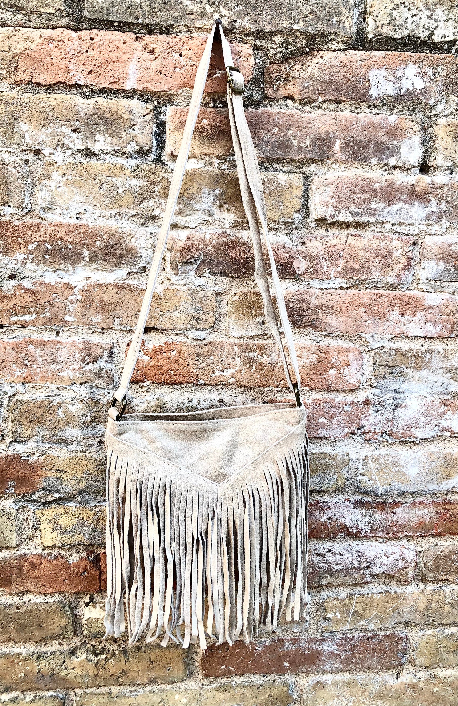 Cross body bag. BOHO suede leather bag in beige with FRINGES. Messenger bag in soft genuine suede leather. Crossbody hippy bag