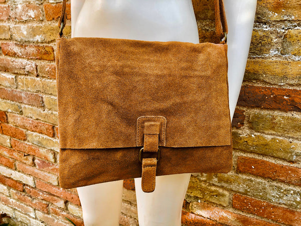 Cross body suede bag.Genuine leather bag in camel brown. BOHO Soft natural leather bag. BROWN messenger bag for books, tablets...