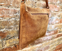 Cross body suede bag.Genuine leather bag in camel brown. BOHO Soft natural leather bag. BROWN messenger bag for books, tablets...