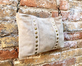 Crossbody bag. Light beige boho suede leather purse with bronze color tacks Genuine suede leather messenger bag. Cream beige crossbody bag