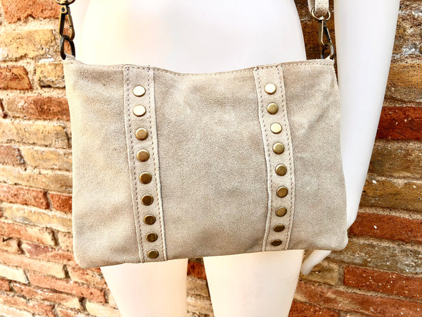 Crossbody bag. Light beige boho suede leather purse with bronze color tacks Genuine suede leather messenger bag. Cream beige crossbody bag