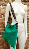 Crossbody bag. Suede leather bag in turquoise green. Soft genuine suede leather messenger bag. Crossbody bag for books, tablets. Brown strap