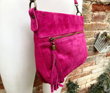 BOHO crossbody suede leather bag in fuchsia pink. Soft genuine leather purse with tassel. Hot pink suede messenger bag. Magenta suede bag