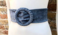 Denim blue suede waist belt with large round buckle. Soft suede belt in blue- gray color. Boho suede belt. Genuine natural suede leather