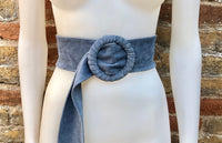 Denim blue suede waist belt with large round buckle. Soft suede belt in blue- gray color. Boho suede belt. Genuine natural suede leather