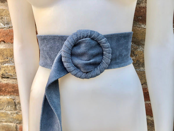 Denim blue suede waist belt with large round buckle. Soft suede belt in blue- gray color. Boho suede belt. Genuine natural suede leather