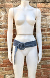 Denim blue suede waist belt with large round buckle. Soft suede belt in blue- gray color. Boho suede belt. Genuine natural suede leather