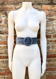 Denim blue suede waist belt with large round buckle. Soft suede belt in blue- gray color. Boho suede belt. Genuine natural suede leather