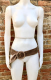 Light brown suede waist belt with large round buckle. Soft suede belt in taupe color. Boho suede belt. Greyge genuine natural suede leather.