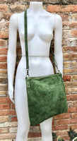 GREEN suede messenger bag: 1 GUITAR strap + 1 suede strap. Soft genuine leather crossbody / shoulder bag. Green purse with embroidered strap