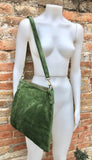 GREEN suede messenger bag: 1 GUITAR strap + 1 suede strap. Soft genuine leather crossbody / shoulder bag. Green purse with embroidered strap