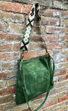 GREEN suede messenger bag: 1 GUITAR strap + 1 suede strap. Soft genuine leather crossbody / shoulder bag. Green purse with embroidered strap