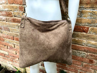 Light brown suede messenger bag: 1 GUITAR strap + 1 suede strap. Genuine leather crossbody / shoulder bag. Brown purse + embroidered strap