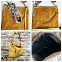 Mustard yellow suede messenger bag: 1 GUITAR strap + 1 suede strap.Genuine leather crossbody / shoulder bag.Yellow purse + embroidered strap