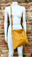 Mustard yellow suede messenger bag: 1 GUITAR strap + 1 suede strap.Genuine leather crossbody / shoulder bag.Yellow purse + embroidered strap