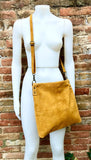 Mustard yellow suede messenger bag: 1 GUITAR strap + 1 suede strap.Genuine leather crossbody / shoulder bag.Yellow purse + embroidered strap