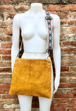 Mustard yellow suede messenger bag: 1 GUITAR strap + 1 suede strap.Genuine leather crossbody / shoulder bag.Yellow purse + embroidered strap