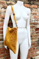 Mustard yellow suede messenger bag: 1 GUITAR strap + 1 suede strap.Genuine leather crossbody / shoulder bag.Yellow purse + embroidered strap