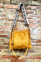 Mustard yellow suede messenger bag: 1 GUITAR strap + 1 suede strap.Genuine leather crossbody / shoulder bag.Yellow purse + embroidered strap