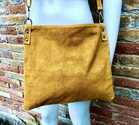 Mustard yellow suede messenger bag: 1 GUITAR strap + 1 suede strap.Genuine leather crossbody / shoulder bag.Yellow purse + embroidered strap