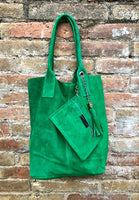 GENUINE suede leather green shopper bag. Slouchy carry all tote bag for your laptop, tablet, books. GREEN leather purse. Green shoulder bag