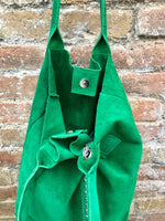 GENUINE suede leather green shopper bag. Slouchy carry all tote bag for your laptop, tablet, books. GREEN leather purse. Green shoulder bag