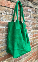 GENUINE suede leather green shopper bag. Slouchy carry all tote bag for your laptop, tablet, books. GREEN leather purse. Green shoulder bag