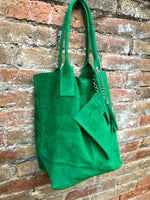 GENUINE suede leather green shopper bag. Slouchy carry all tote bag for your laptop, tablet, books. GREEN leather purse. Green shoulder bag