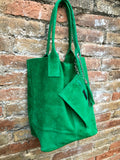 GENUINE suede leather green shopper bag. Slouchy carry all tote bag for your laptop, tablet, books. GREEN leather purse. Green shoulder bag