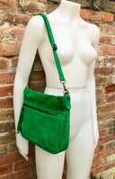 BOHO suede leather bag in GREEN. Crossbody bag in genuine leather, messenger suede bag. Soft natural leather bag in green