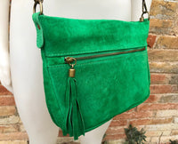 BOHO suede leather bag in GREEN. Crossbody bag in genuine leather, messenger suede bag. Soft natural leather bag in green