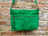 BOHO suede leather bag in GREEN. Crossbody bag in genuine leather, messenger suede bag. Soft natural leather bag in green