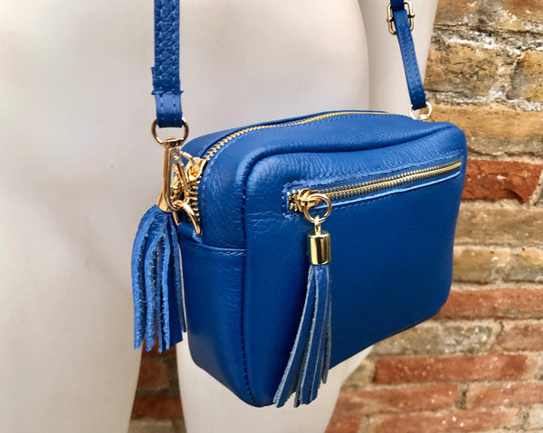 Small leather bag in dark cobalt blue. GENUINE leather shoulder or crossbody bag. Royal blue purse, adjustable strap and zipper.