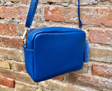 Small leather bag in dark cobalt blue. GENUINE leather shoulder or crossbody bag. Royal blue purse, adjustable strap and zipper.